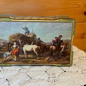 Vintage Decorative Tin Box with Pastoral Scene.